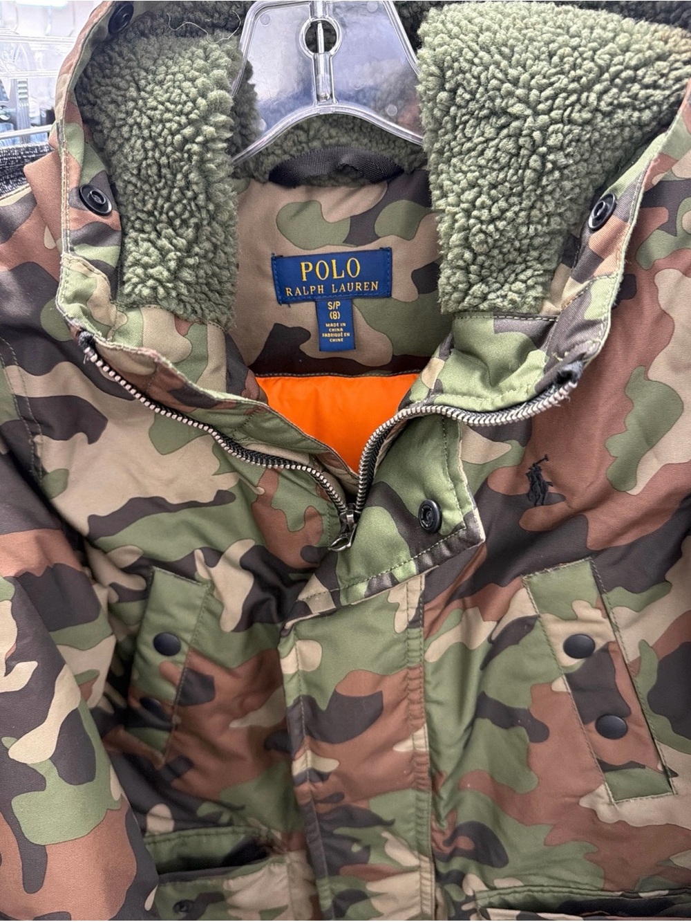 Polo Ralph Lauren Boys Camo Hooded Winter Parka Jacket Orange Lined | Size 8 (S)
